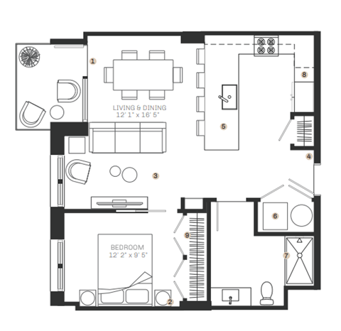 Floor plan for 1 bed, 1 bath, 745 sqft