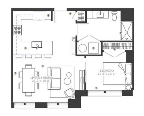 Floor plan for 1 bed, 1 bath, 719 sqft