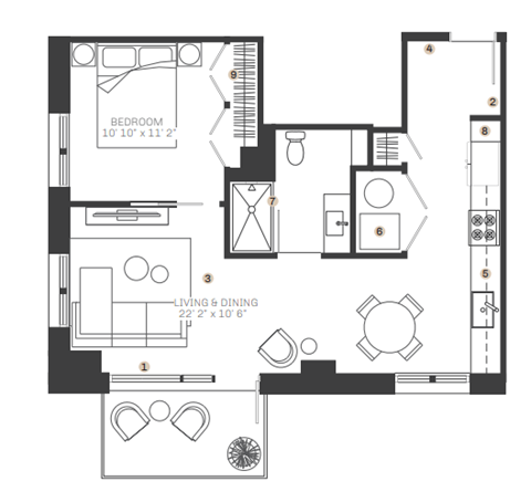 Floor plan for 1 bed, 1 bath, 721 sqft