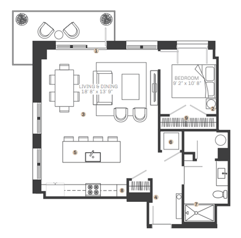 Floor plan for 1 bed, 1 bath, 882 sqft