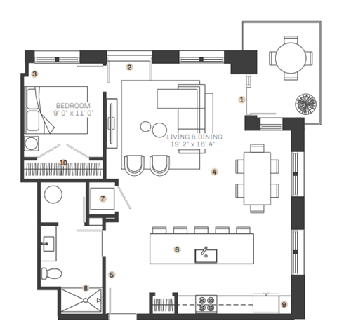 Floor plan for 1 bed, 1 bath, 934 sqft