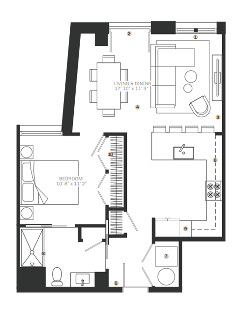 Floor plan for 1 bed, 1 bath, 758 sqft