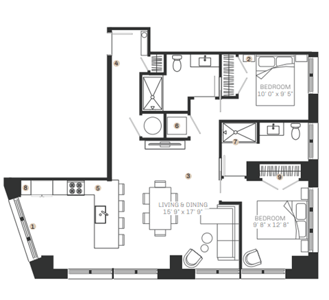 Floor plan for 2 beds, 2 baths, 1183 sqft