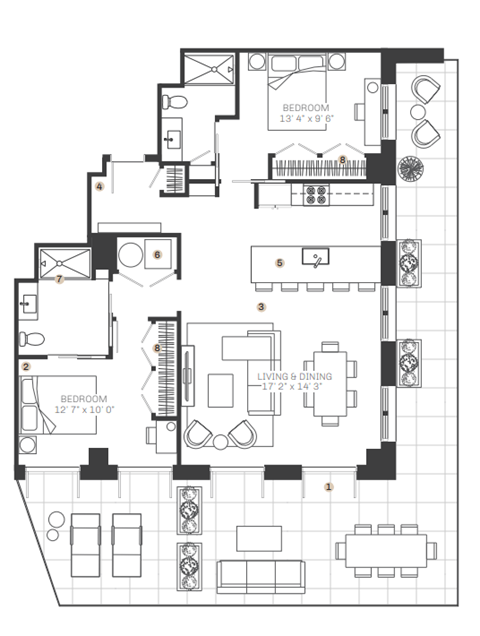 Floor plan for 2 beds, 2 baths, 1259 sqft