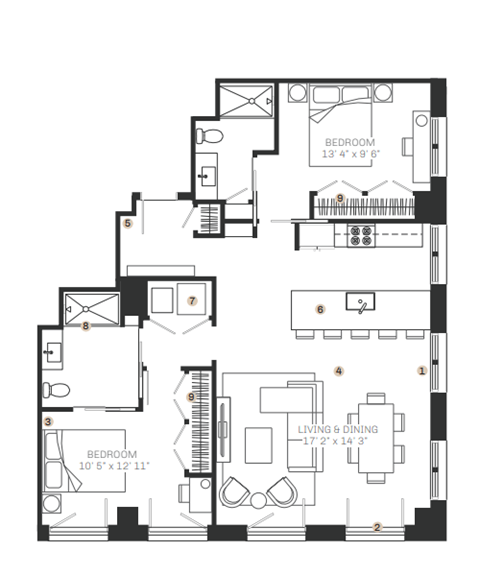 Floor plan for 2 beds, 2 baths, 1259 sqft