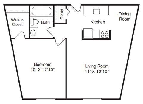 Floor plan for 1 bed, 1 bath, 500 sqft