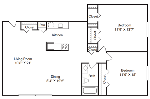 Floor plan for 2 beds, 1 bath, 826 sqft