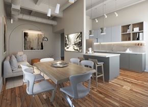 Cleveland apartment for rent - a rendering of a kitchen and dining room with a table and chairs at East 4th Street, Cleveland, Ohio