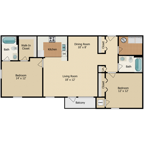 Floor plan for 2 beds, 2 baths, 1102 sqft