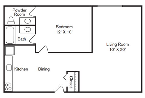 Floor plan for 1 bed, 1 bath, 600 sqft