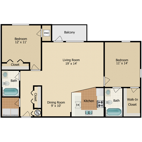 Floor plan for 2 beds, 2 baths, 1156 sqft
