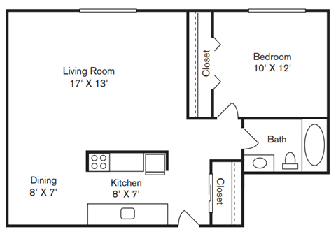 Floor plan for 1 bed, 1 bath