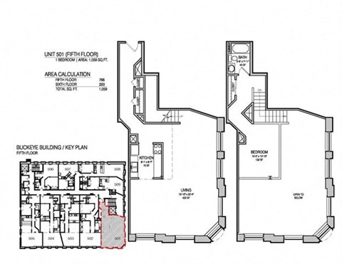 Floor plan for 1 bed, 1 bath, 1059 sqft
