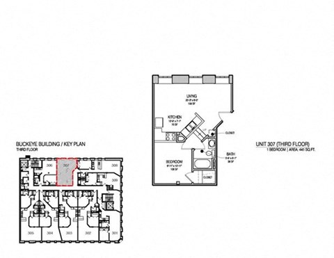 Floor plan for 1 bed, 1 bath, 441 sqft