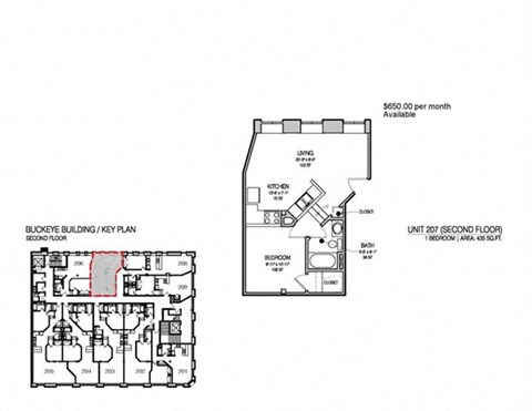 Floor plan for 1 bed, 1 bath, 435 sqft