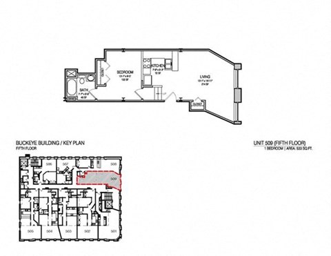 Floor plan for 1 bed, 1 bath, 534 sqft