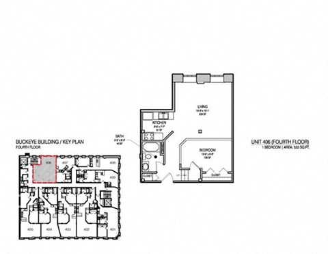 Floor plan for 1 bed, 1 bath, 533 sqft