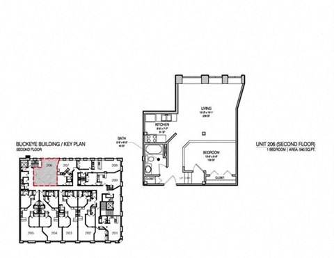 Floor plan for 1 bed, 1 bath, 540 sqft