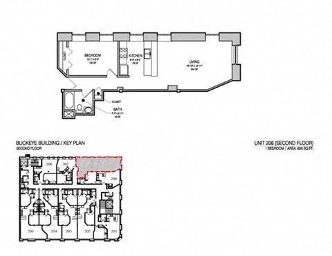 Floor plan for 1 bed, 1 bath, 600 sqft