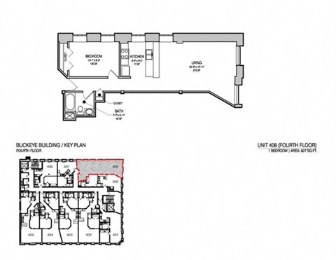 Floor plan for 1 bed, 1 bath, 627 sqft