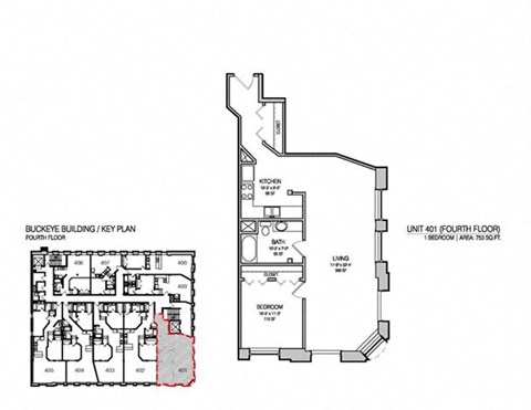 Floor plan for 1 bed, 1 bath, 753 sqft