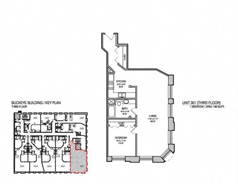 Floor plan for 1 bed, 1 bath, 748 sqft