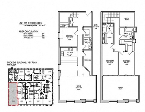 Floor plan for 2 beds, 2.5 baths, 1551 sqft