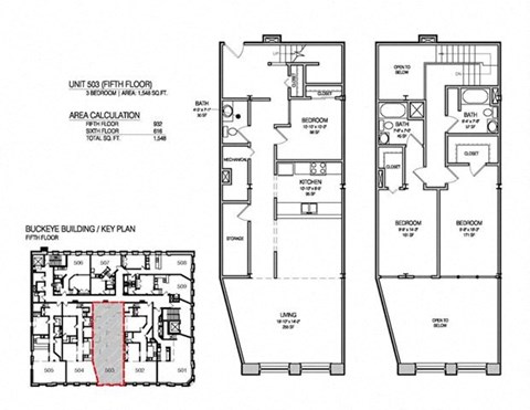 Floor plan for 2 beds, 2.5 baths, 1548 sqft