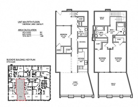 Floor plan for 2 beds, 2.5 baths, 1569 sqft
