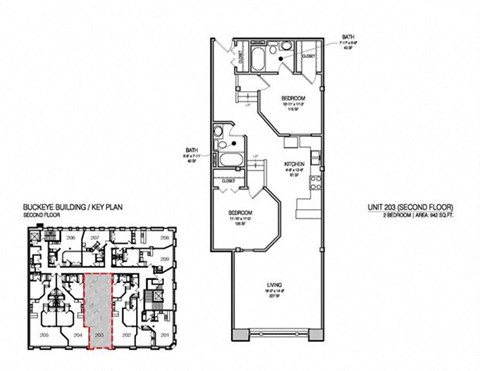 Floor plan for 2 beds, 2 baths, 942 sqft