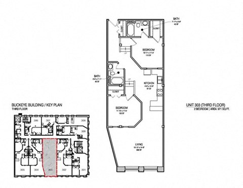 Floor plan for 2 beds, 2 baths, 971 sqft