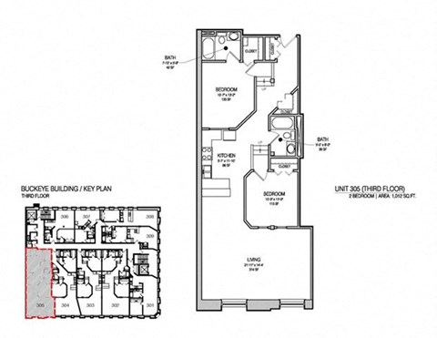 Floor plan for 2 beds, 2 baths, 1050 sqft
