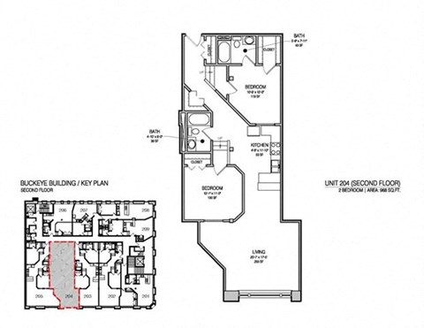 Floor plan for 2 beds, 2 baths, 968 sqft