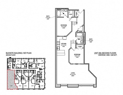 Floor plan for 2 beds, 2 baths, 1060 sqft