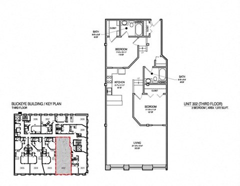 Floor plan for 2 beds, 2 baths, 1072 sqft
