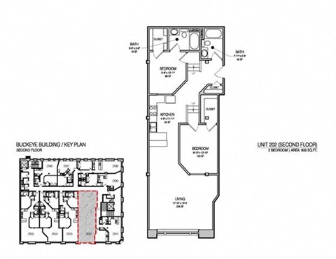 Floor plan for 2 beds, 2 baths, 1000 sqft