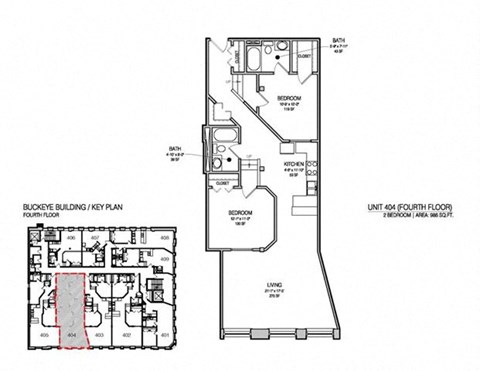 Floor plan for 2 beds, 2 baths, 986 sqft