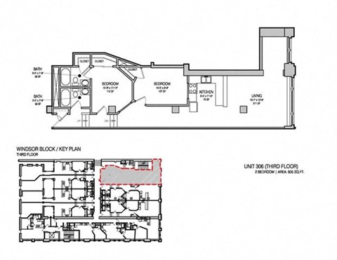 Floor plan for 2 beds, 2 baths, 935 sqft