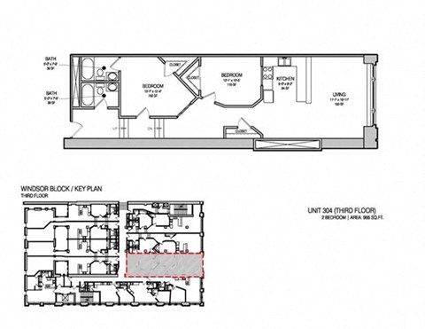 Floor plan for 2 beds, 2 baths, 1050 sqft