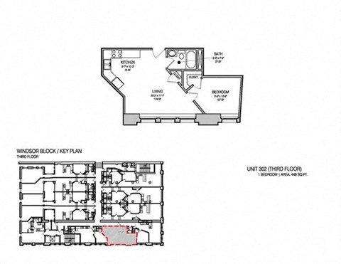 Floor plan for 1 bed, 1 bath, 468 sqft