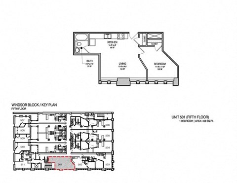 Floor plan for 1 bed, 1 bath, 478 sqft