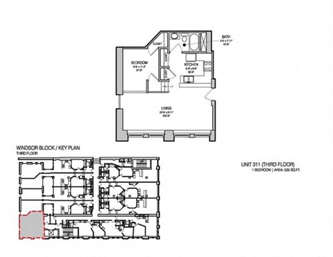 Floor plan for 1 bed, 1 bath, 525 sqft