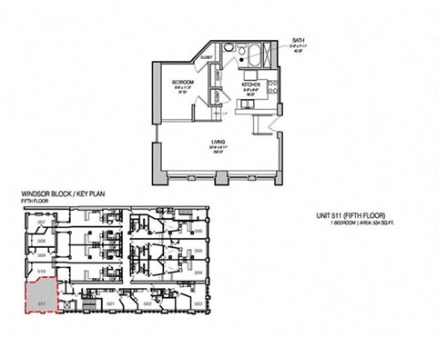 Floor plan for 1 bed, 1 bath, 592 sqft