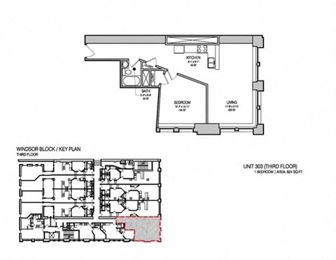 Floor plan for 1 bed, 1 bath, 700 sqft