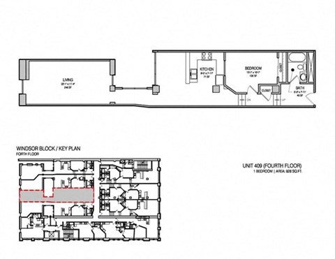 Floor plan for 1 bed, 1 bath, 825 sqft