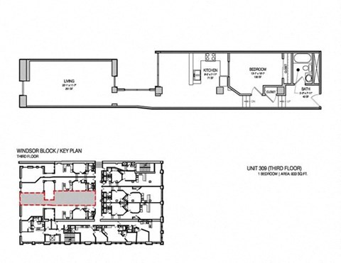 Floor plan for 1 bed, 1 bath, 840 sqft