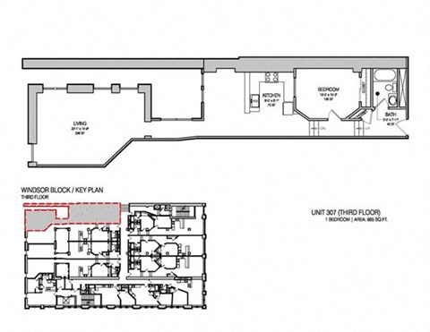Floor plan for 1 bed, 1 bath, 875 sqft