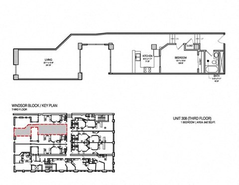 Floor plan for 1 bed, 1 bath, 878 sqft