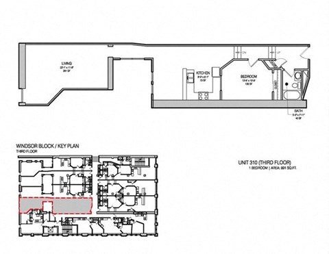 Floor plan for 1 bed, 1 bath, 904 sqft
