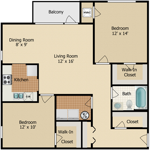Floor plan for 2 beds, 1 bath, 1063 sqft